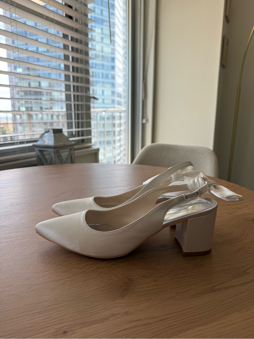 Ivory Satin Block Heel Slingback Pumps